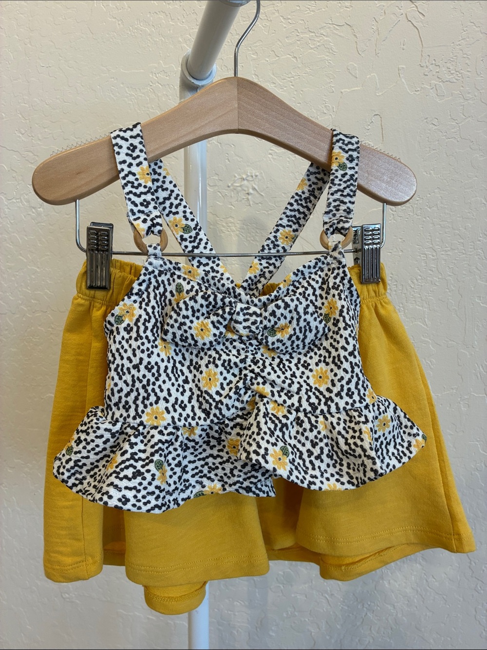 Mayoral Yellow Skirt Set with Floral Black and White Ruffle Top